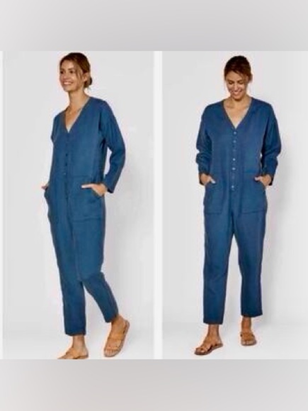 Outerknown Station Jumpsuit Women’s Small Indigo Button-Front Utility 100% Linen